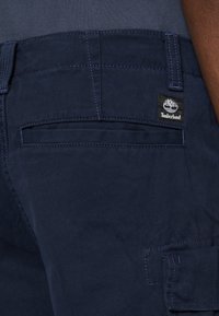 Jūros mėlynumo krovinių kelnės su lygaus paviršiaus audiniu, turinčios sustiprintus siūlus, kelis kišenes ir Timberland logotipo emblema netoli galinės kišenės.