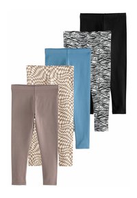 Vijf paar leggings: effen zwart, blauw; gemarmerd bruin, golvend beige, en zwart/witte zebra. Gemaakt van rekbare stof, ontworpen voor comfort.