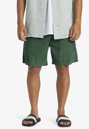 Green corduroy shorts with side pockets, paired with a light blue shirt featuring assorted small embroidered patterns and black slide sandals.