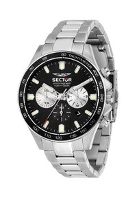 Silberner Edelstahl-Chronograph mit schwarzem Zifferblatt, drei Nebenzifferblättern, leuchtenden Zeigern, Tachymeter-Lünette und poliertem Armband.