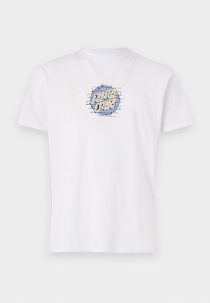 White cotton t-shirt featuring a blue and cream graphic print with the text "Santa Cruz" in a circular design. Short sleeves, crew neckline.