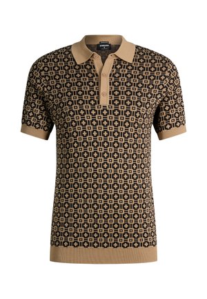 Polo a maniche corte con colletto e polsini color sabbia, caratterizzata da un motivo geometrico a quadrati e croci nero e sabbia.