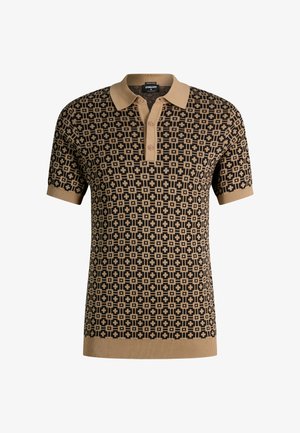 Polo a maniche corte con colletto e polsini color sabbia, caratterizzata da un motivo geometrico a quadrati e croci nero e sabbia.