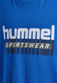 Blå sportströja med en framträdande vit "hummel"-logotyp och "SPORTSWEAR" i grönt, med en texturerad grafisk design som accent.