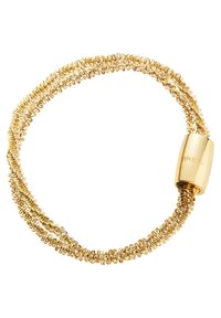 Armbanduhr in Goldton mit miteinander verwobenen Kettengliedern und einem zylindrischen Verschluss mit eingegraviertem "BREIL". Schlichtes, gedrehtes Design mit glatter Oberfläche.