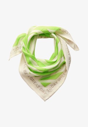 Lightweight scarf in cream with vibrant green geometric patterns and text. Soft texture, triangular shape with rolled edges.