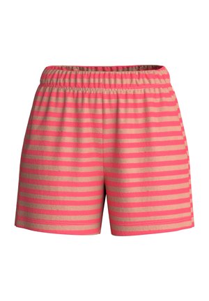 Pantaloncini a righe orizzontali rosa e beige con vita elasticizzata, realizzati in tessuto morbido e strutturato.