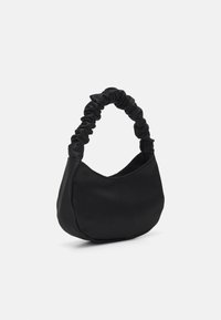 Black fabric handbag with a soft, rounded shape. The handle features a gathered design for added texture. Simple and minimalistic.