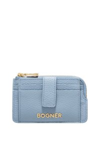 Blue leather cardholder with a textured surface, gold hardware, a zippered section, and a strap for secure closure. "BOGNER" logo embossed.