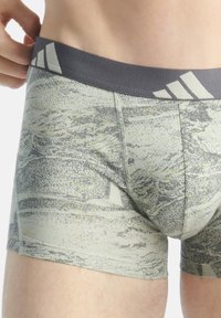 Mönstrade boxertrosor i ljusgrått med en mörkgrå midja som har tre vita ränder. Materialet ser slätt ut med en lätt lyster.