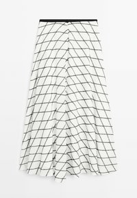 Hvid nederdel med et sort rutemønster, med en tætsiddende talje og flydende design. Stof ser glat ud med en let struktureret overflade.