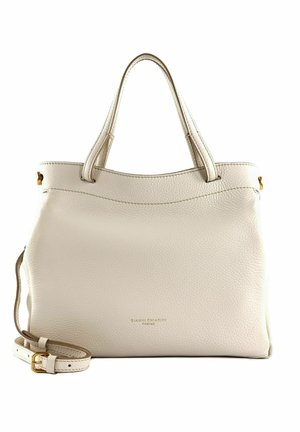 Borsa a mano in pelle color beige chiaro con finitura texturizzata, due manici superiori e tracolla regolabile. Presenta un logo del marchio discreto sul fronte.