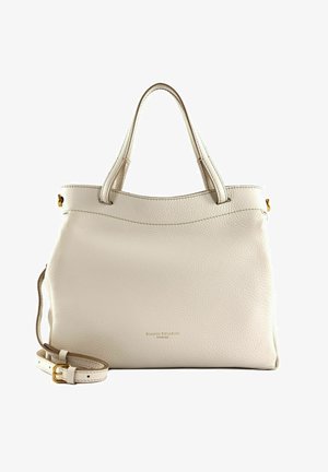 Borsa a mano in pelle color beige chiaro con finitura texturizzata, due manici superiori e tracolla regolabile. Presenta un logo del marchio discreto sul fronte.