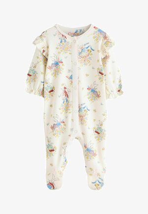 Body color crema per neonati con chiusura a bottoni, decorato con fantasie colorate di coniglietti e fiori, spalle arricciate e maniche lunghe con polsini elastici.