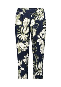 Kwiatowe spodnie capri w granatowym kolorze z dużymi białymi i zielonymi kwiatami. Posiadają elastyczny pas i luźny krój. Miękka faktura materiału.