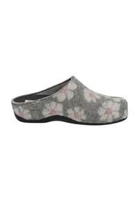 Gray felt clogs with a floral pattern in white and pink, featuring a rounded toe and a black rubber sole. No fasteners visible.
