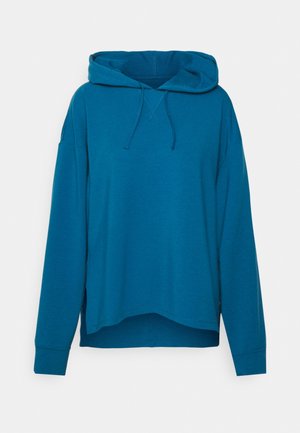 Sweat à capuche bleu à manches longues avec cordons et un ourlet arrière légèrement plus long, présenté sur fond blanc.