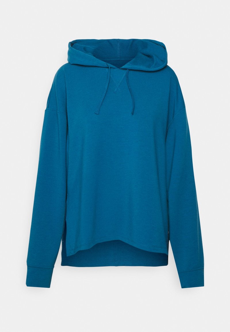 Sweat à capuche bleu à manches longues avec cordons et un ourlet arrière légèrement plus long, présenté sur fond blanc.