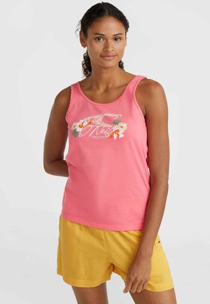 Light pink cotton tank top featuring a floral graphic design in orange and green. Paired with yellow shorts, highlighting a casual summer look.