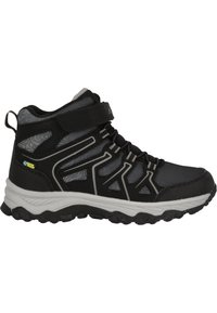 Schwarze, knöchelhohe Wanderschuhe aus wasserdichtem Material mit Mesh-Details, verstellbarem Riemen und einer strukturierten Gummisohle für besseren Grip.