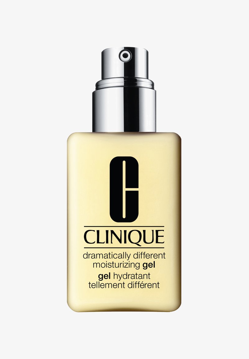 Clinique Dramatically Different Moisturizing Gel in een gele, ondoorzichtige fles met een zilveren pomp en zwarte logo-tekst.