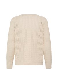 Pull en tricot beige avec un motif côtelé texturé, des manches longues et un col rond. Le dos présente un design en tricot ajouré subtil.