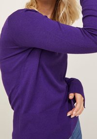 Pull en tricot violet avec manches longues, poignets côtelés et ourlet arrondi. Texture douce, léger et silhouette ajustée.