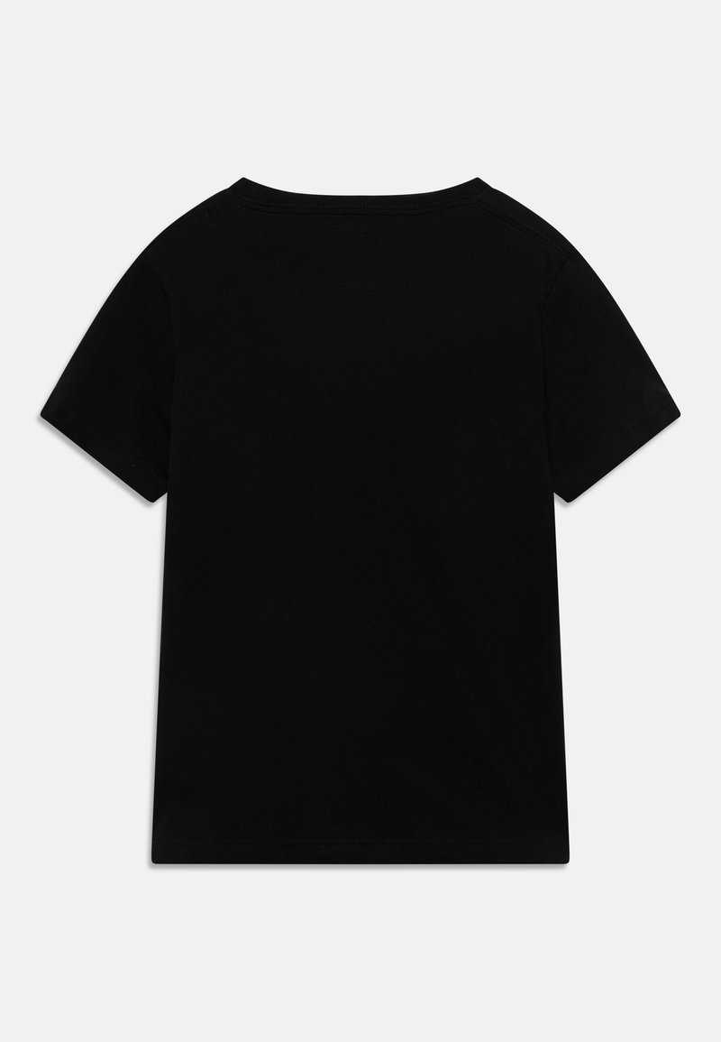 Zwarte katoenen t-shirt met korte mouwen, ronde hals, gladde textuur en geen extra ontwerpelementen of patronen. Achteraanzicht zichtbaar.