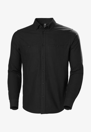 Zwarte overhemd met lange mouwen en een button-down kraag, twee borstzakken en een gladde textuur. Heeft een sluiting met knopen aan de voorkant en een slim fit ontwerp.