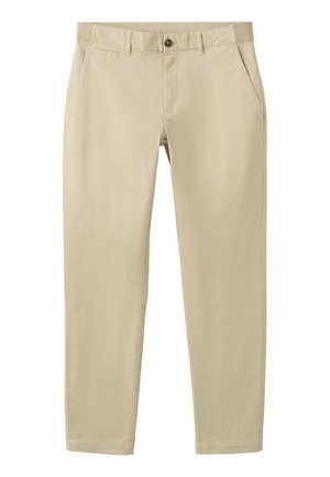 Beige chinos med lige ben, som har knaplukning, bæltestropper og forlommer; lavet af en glat bomuldsblanding.