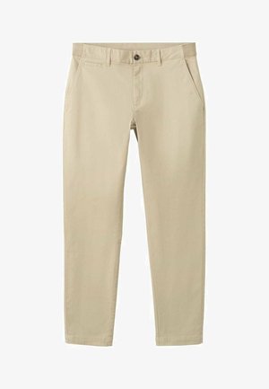 Pantaloni chino beige con design a gamba dritta, dotati di chiusura con bottone, passanti per cintura e tasche anteriori; realizzati in un morbido misto cotone.