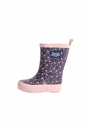 Botte de pluie marine avec un motif floral, semelle et bord en caoutchouc rose, logo sur le côté et une languette à l'arrière pour un enfilage facile.