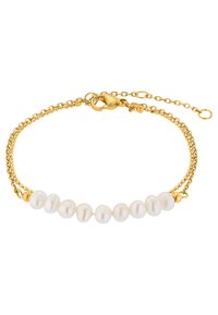 Goldkette-Armband mit einer Reihe von sechs weißen Perlen, verschlossen mit einem Karabinerverschluss und einer verstellbaren Verlängerungskette.