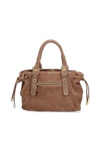 Borsa a tracolla in suede marrone con accessori in oro, doppie maniglie e tasca con zip frontale. Presenta lati con coulisse per una forma regolabile.
