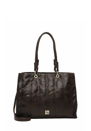 Sac à main en cuir marron foncé avec deux bretelles, ferrures anneaux dorés et un petit logo métallique carré au centre avant.