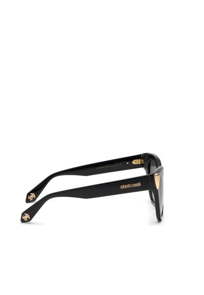 Lunettes de soleil noires Roberto Cavalli avec accents dorés et logo sur les branches latérales, vues d’un angle droit sur fond blanc.