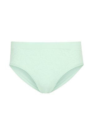 Mintgröna högmidjade trosor gjorda av mjukt tyg, med ett präglat blommönster och en mjuk elastisk midja.