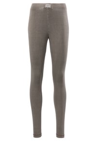 Grå leggings tillverkade av ett mjukt, elastiskt tyg. Har en smal midjeresår och avsmalnande ben med en jämn textur och minimalistisk design.