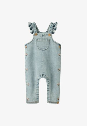 Denim salopete s volanima na naramenicama, svijetloplave boje, s cvjetnim izvezenim motivima i gumbima sa strane.