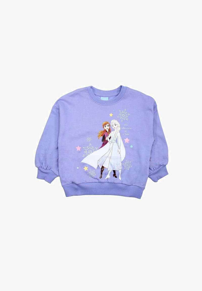 Sweatshirt en polaire violet avec impression graphique de deux personnages, doté de manches à boutons et d'un col rond. Décoré d'étoiles et de flocons de neige.