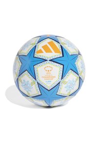 Minge de fotbal albastră și albă cu un model în formă de stea, având accente galbene și logo-uri pentru Liga Campionilor Femeilor UEFA. Textură netedă, panouri cusute.