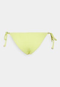 Parte de baixo de bikini verde-lima com um padrão texturizado em zigzag. Apresenta laterais ajustáveis com laços e detalhes em metal dourado.