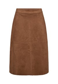 Brun mockaskinn A-linje kjol med medelhög midja, som har en slät textur och rena sömmar för en minimalistisk design. Ingen synlig hårdvara.