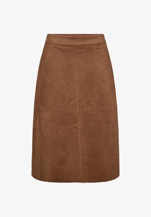 Brun mockaskinn A-linje kjol med medelhög midja, som har en slät textur och rena sömmar för en minimalistisk design. Ingen synlig hårdvara.