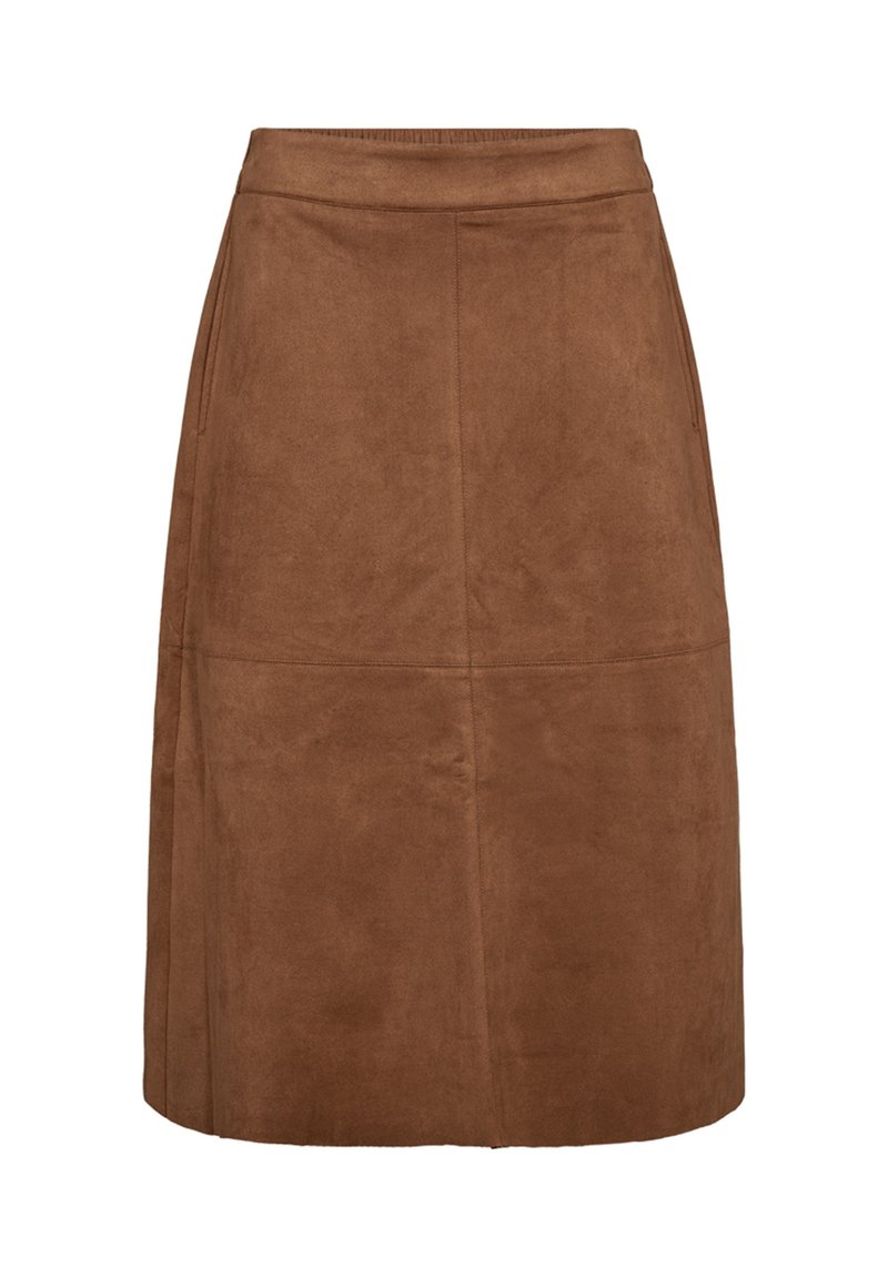 Brun mockaskinn A-linje kjol med medelhög midja, som har en slät textur och rena sömmar för en minimalistisk design. Ingen synlig hårdvara.