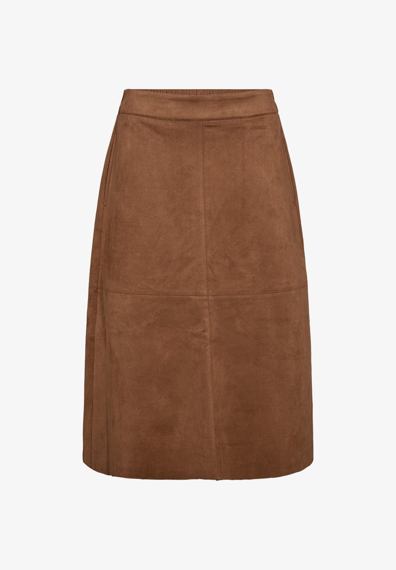 Brun mockaskinn A-linje kjol med medelhög midja, som har en slät textur och rena sömmar för en minimalistisk design. Ingen synlig hårdvara.