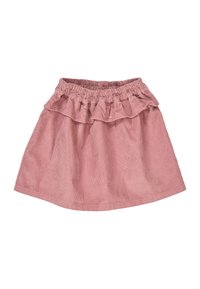 Vaaleanpunainen corduroy-hame, jossa on joustava vyötärö, ja hempeä kahden kerroksen röyhelö helman kohdalla. Pehmeä rakenne ja levenevä muoto.