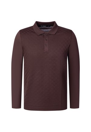 Langærmet mørkebrun poloshirt med tre knapper og subtilt tekstureret mønster på forsiden.