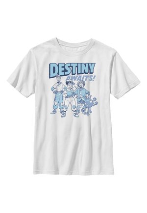 Hvid bomulds t-shirt med et blåt trykt grafisk motiv af tre figurer og en karakter, med teksten "DESTINY AWAITS!" ovenfor.