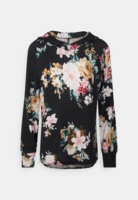 Svart långärmad hoodie i tyg, med ett blommönster i rosa, vitt och guld. Inkluderar en framficka och en avslappnad passform.